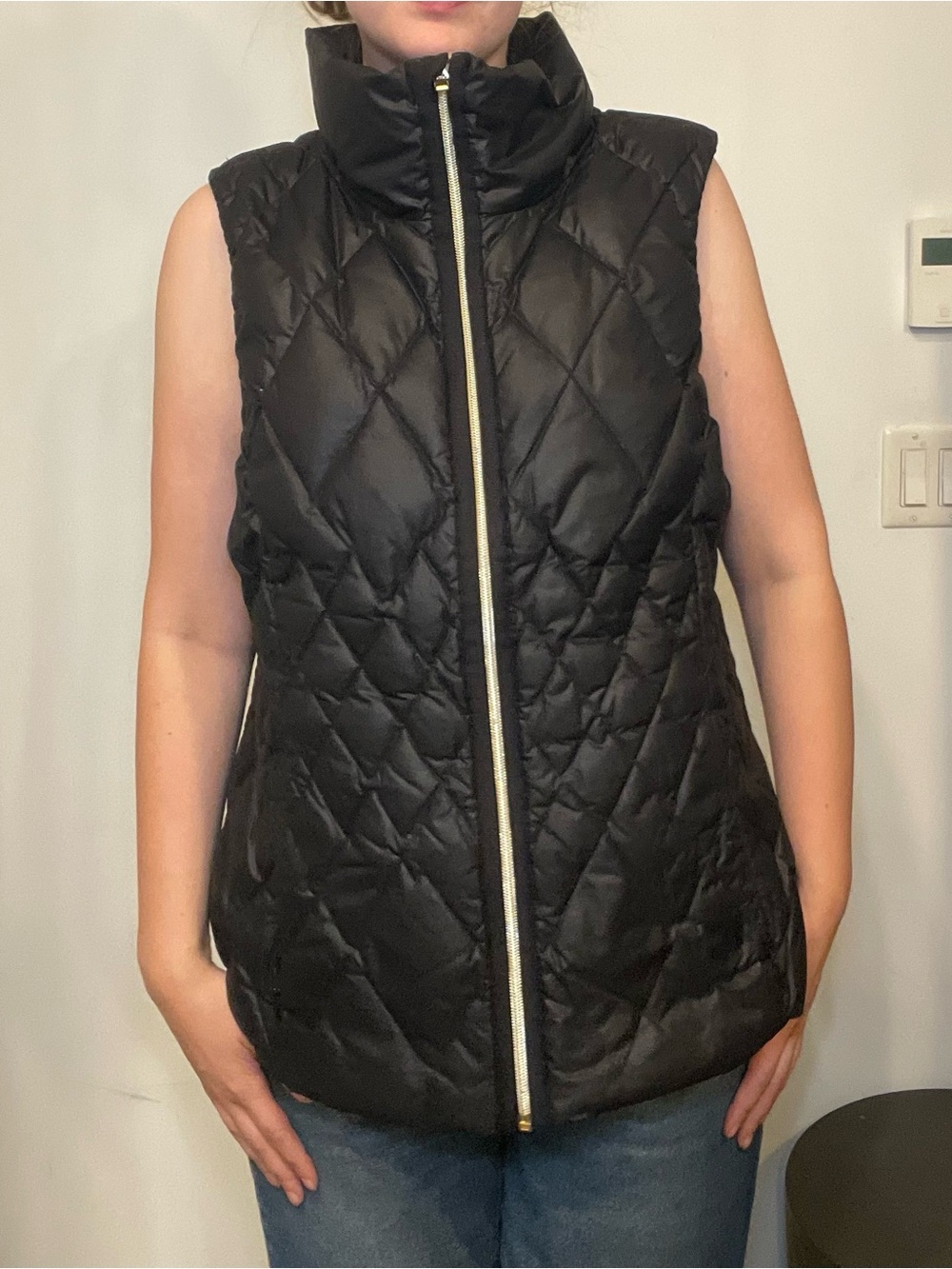 Athleta Black Quilted Sleeveless Puffer Vest with Gold Zipper